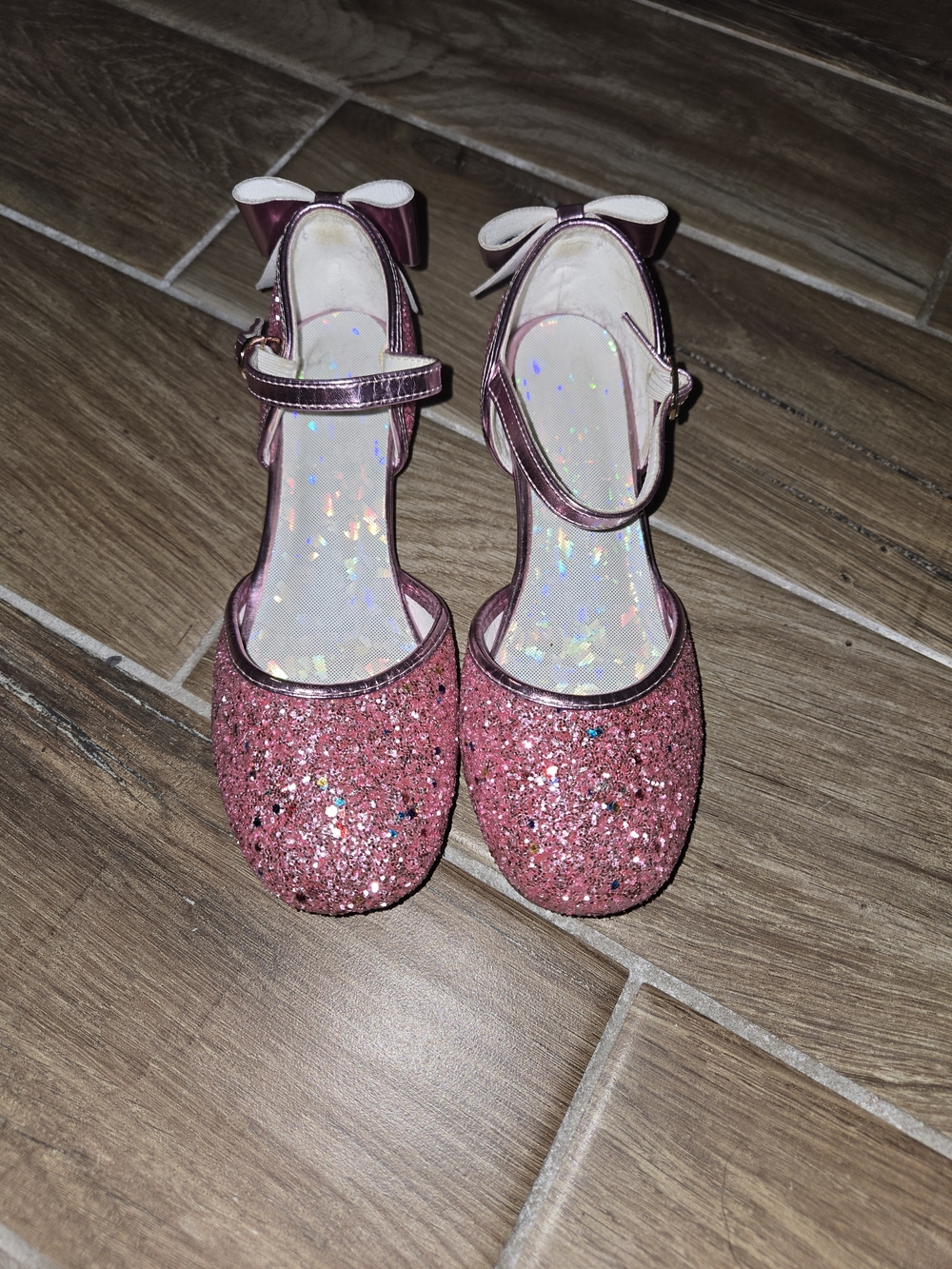 Kids Pink Glitter Bow Strap Dress Shoes